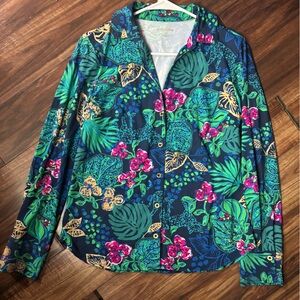 Lilly Pulitzer Marlena UPF 50 floral colorblock button down low tide navy Medium